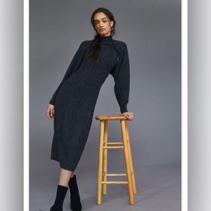 🏷NWT⭐️ANTHROPOLOGIE CURRENT AIR Cable-Knit Midi Sweater Dress Set BLACK SIZE M